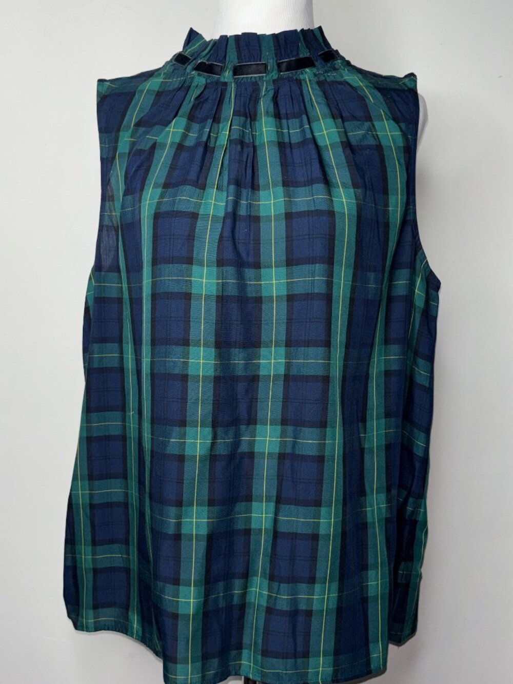 Talbots Green Watch Tartan Sleeveless Halter Top Ruffle Neck Velvet Trim Top XL